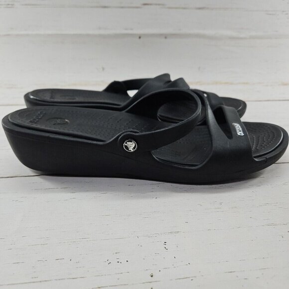 Crocs Patricia Womens Size 11‎ Black Wedge Sandal Strappy Slip On Slides - Picture 4 of 8